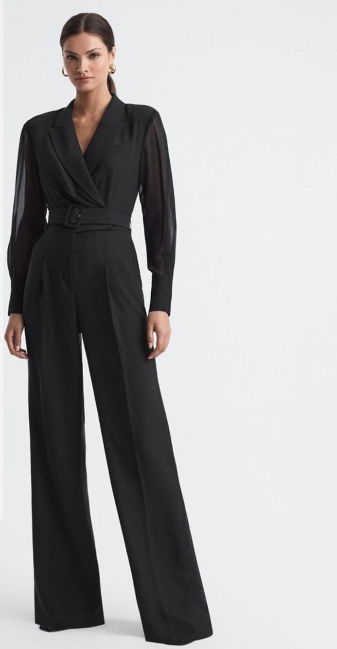 REISS Flora Sheer Belted Double Breasted Jumpsuit in black Size UK 12 USA 8